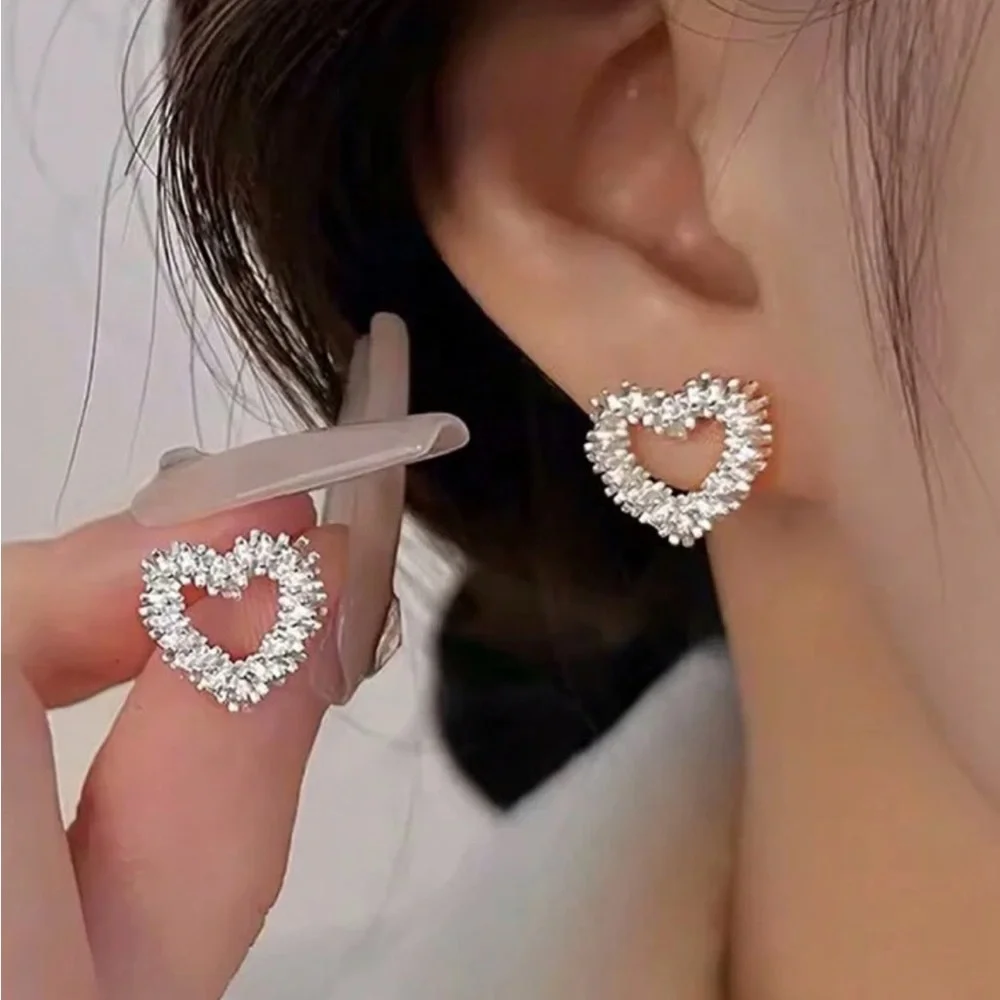 Silver Heart Outline Earrings with Gemstones